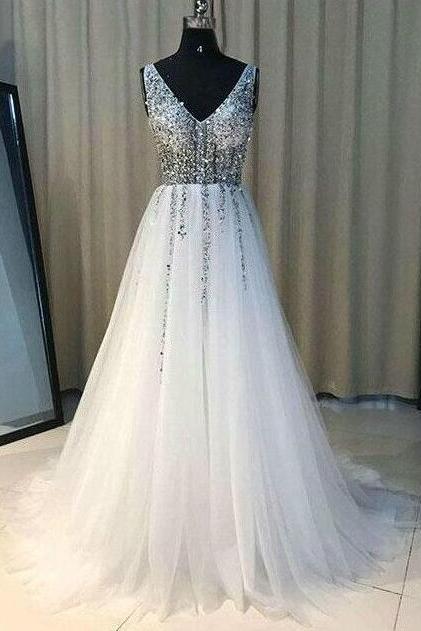 Sexy Tulle Beading Prom Dress,a Line Prom Dress