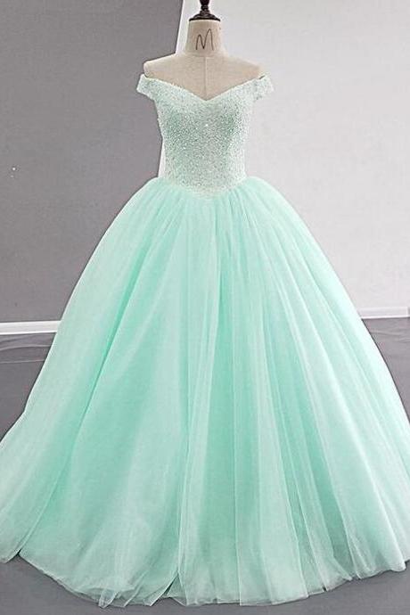 Mint Tulle Beaded Long V Neck Puffy Prom Dress