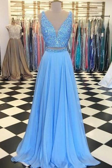 Two Piece Blue Satin Prom Dress With Beading Top