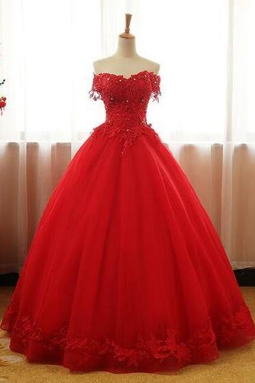 Off The Shoulder Ball Gown Red Tulle Prom Dress