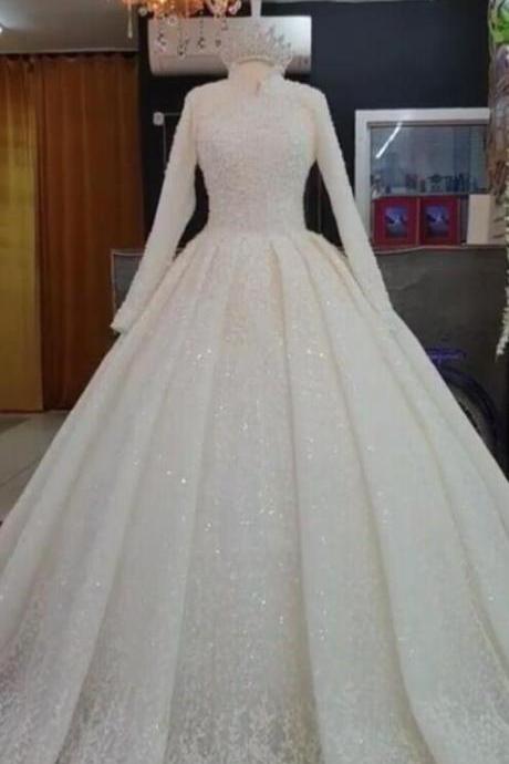 A Line Long Sleeve wedding dress long prom dress, evening dress
