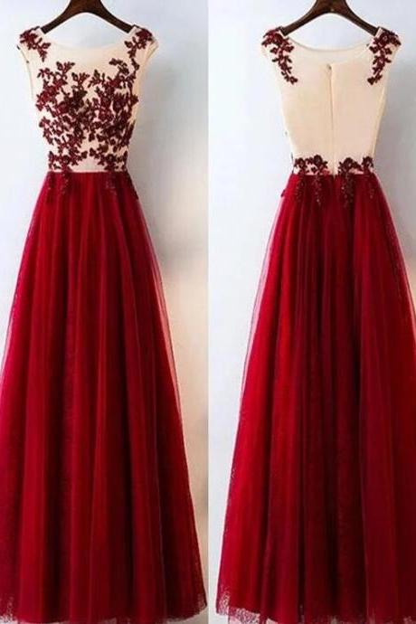 A-line Pretty Burgundy Lace Tulle Long Prom Dress, Evening Gown