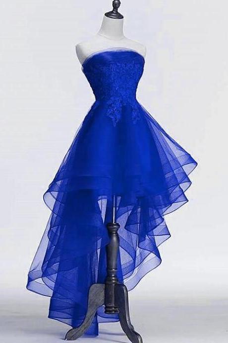 High Low Royal Blue Tulle With Lace Applique Party Dress, Homecoming Dress