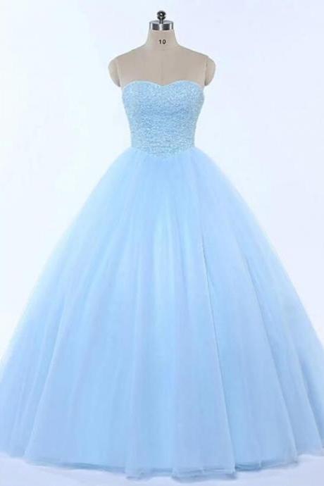 Baby Blue Long Crystal Strapless Ball Gown Prom Dress
