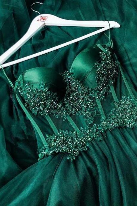 A Line Tulle Formal Dress, Evening Gown, Emerald Green Prom Dress