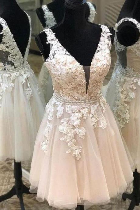 Light Champagne Lace Floral Short Prom Dresses, Homecoming Dresses