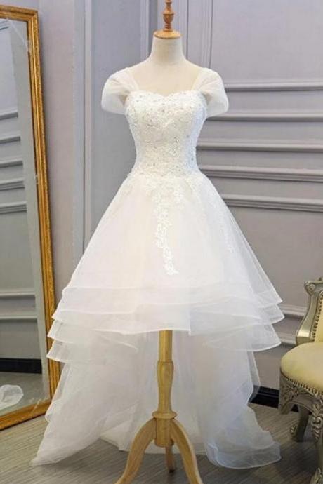 Cap Sleeves High Low Tulle Wedding Dress, Simple Prom Dress