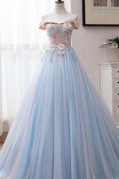 Light Blue Off Shoulder Long Senior Prom Dress With Applique