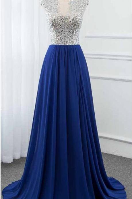Royal Blue Chiffon Long Prom Dresses Split With Beading