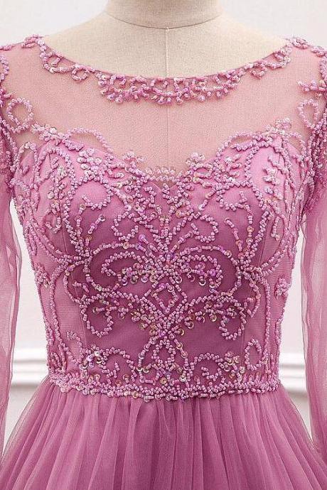 A-line Tulle Satin Jewel Neckline Illusion Sleeves Prom Dress
