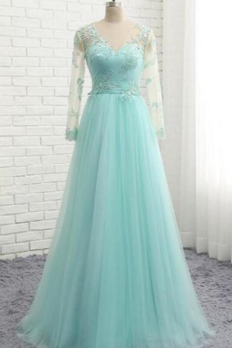 Long-sleeved Tulle Green Evening Dress, Lace Prom Dress With Lace