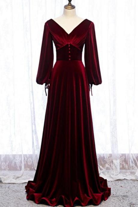 Long Sleeve Burgundy Velvet V-neck Pleats Prom Dress