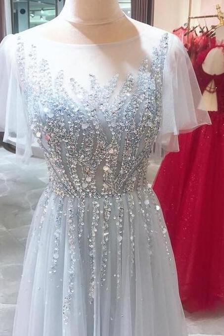A Line Cap Sleeves Tulle Long Junir Prom Dress