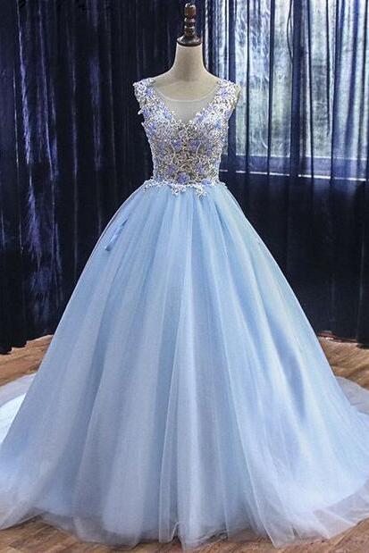 Light Sky Blue Tulle Long Sweet 16 Prom Dress