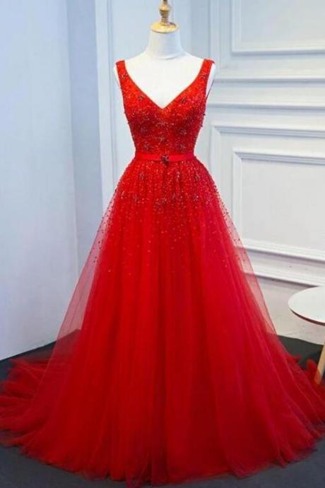 Beadings Tulle Long Party Dress With Belt, Red Tulle Formal Dress