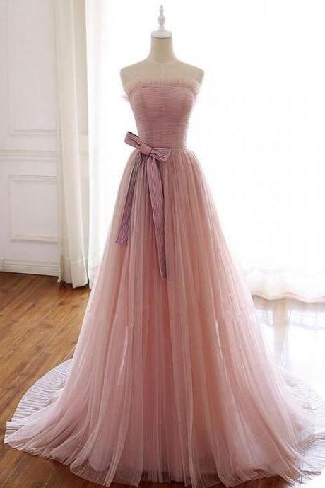 Pink Fashionable Scoop Tulle Long Prom Dress With Bow