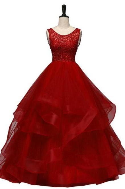 Wine Red Tulle Ball Gown Prom Dress With Lace Layers