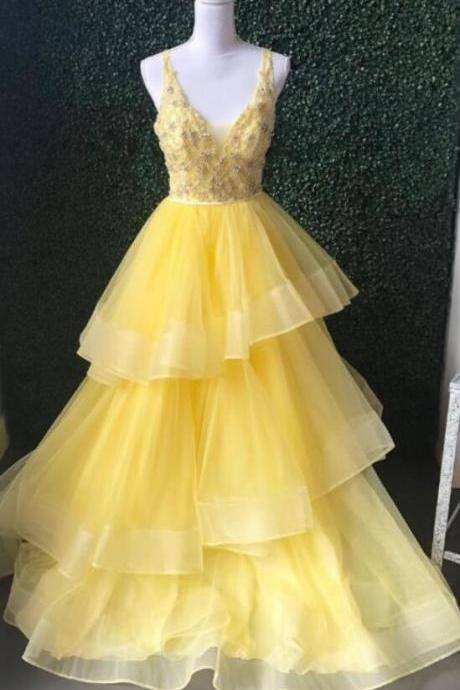 Charming V Neck Yellow V-neck Tulle Prom Dress