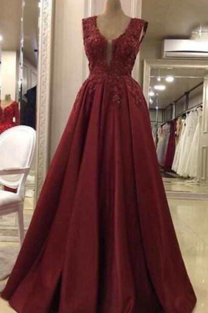 Burgundy V Neck Lace Stain Prom Dress