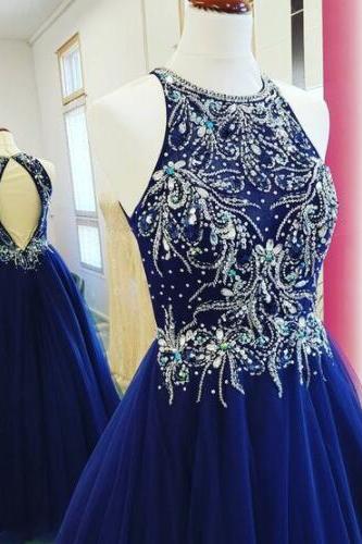 Royal Blue Tulle Beaded Prom Dresses,fashion Prom Dress