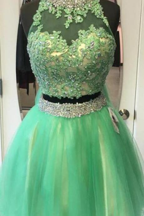 Green Tulle Beaded Two Piece Homecoming Dresses