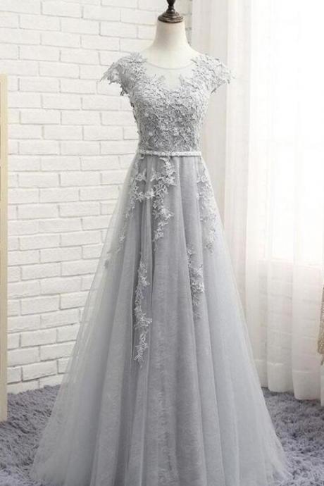 A Line Silver Lace Long Prom Dresses Party Gowns