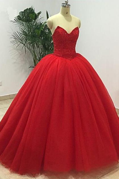 Sweetheart Red Long Beaded Prom Dress, Quinceanera Dress