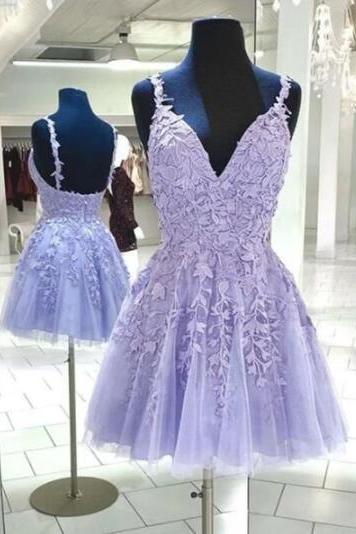 Purple Short V Neck Lace Formal Homecoming Dresses