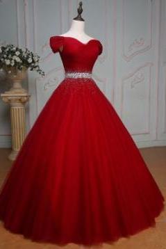 A Line Burgundy Tulle Beads Long Prom Dress