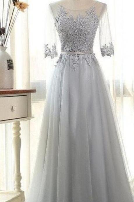 A-line Scoop Floor-length Tulle 3/4 Sleeves Prom Dress