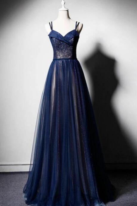 A Line Dark blue tulle long prom dress, dark blue evening dress