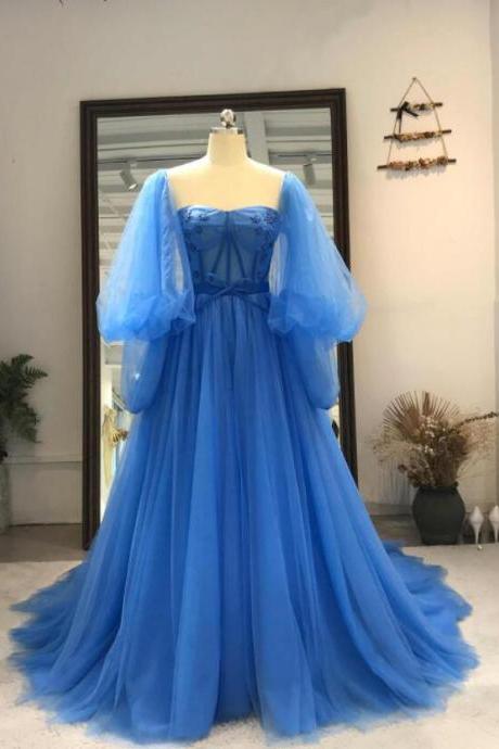 Sweetheart Blue Tulle Fashionable Long Party Dress
