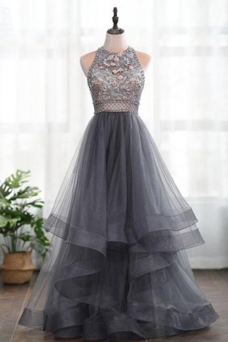 High Neck Grey Beading 3d Flowers Backless Tulle Long Prom Dress
