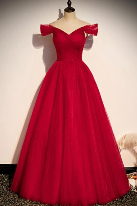 A Line Red V Neck Tulle Long Prom Dress Evening Dress