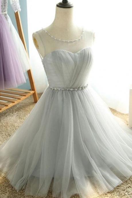 Grey Tulle Homecoming Dress With Beading