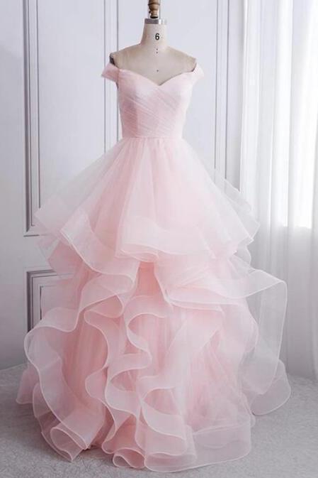 Off Shoulder Pink Long Prom Dresses, Formal Evening Dresses