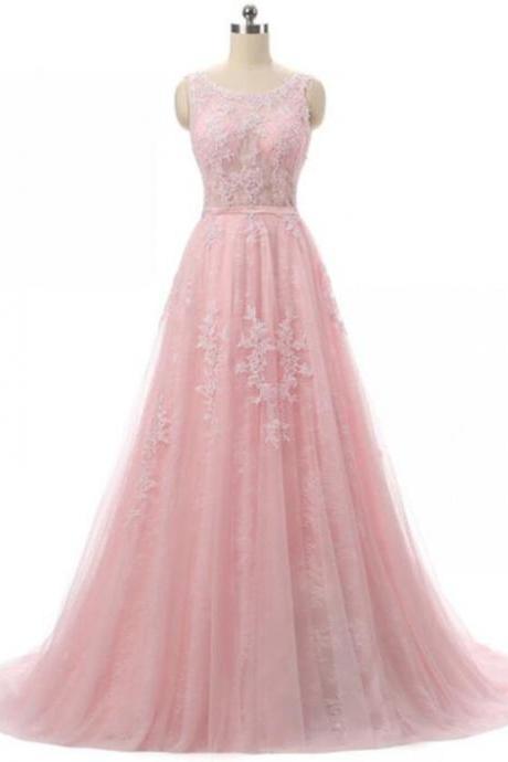 A-line Pink Tulle Round Neck Applique Long Evening Dresses