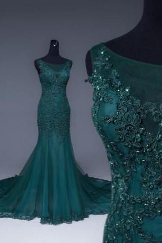 Mermaid Emerald Green Tulle Prom Dresses Formal Dress