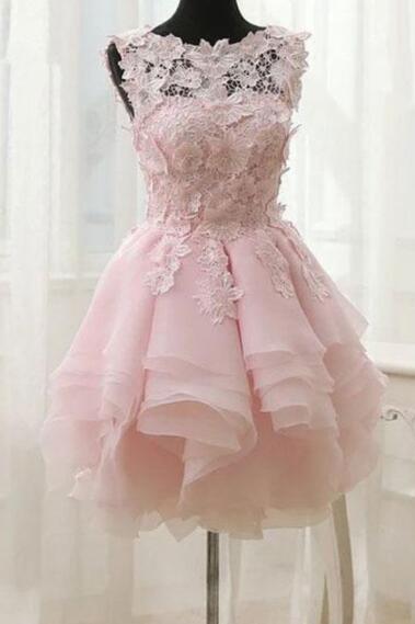 Pink Lace Short Prom Dress. Pink Homecoming Dress