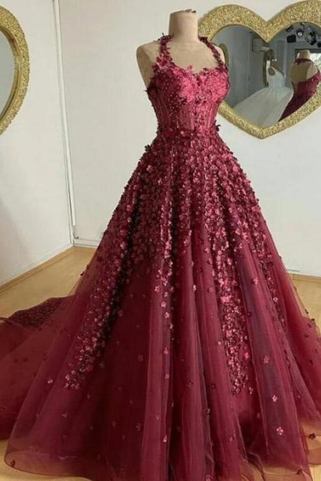 A-line Halter Chapel Train Tulle Beaded Appliqued Prom Dresses