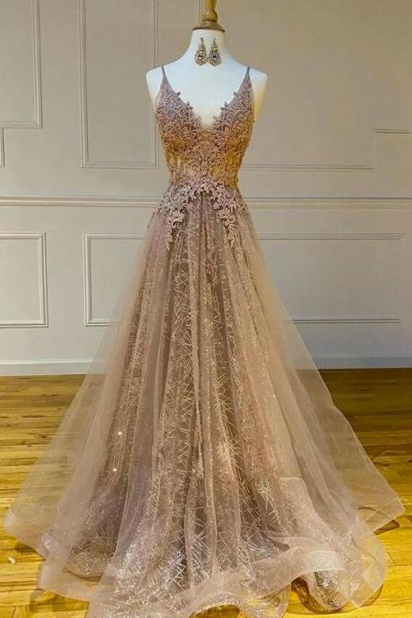 A Line Champagne Tulle V Neck Customize Lace Prom Dress