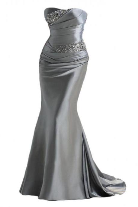 Mermaid Silver Gray Prom Dresses,long Satin Prom Dresses
