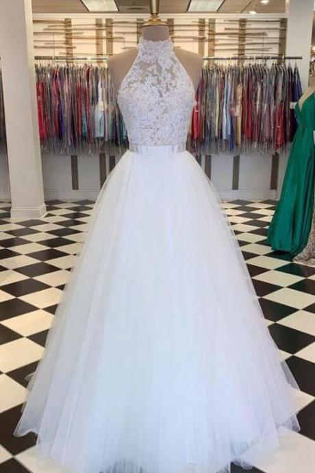 High Neck Tulle Lace Long Prom Dress Evening Dress