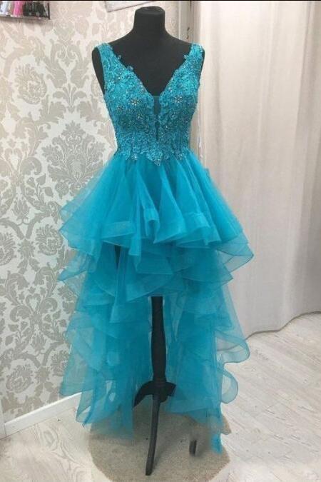 High Low Organza Pleated Appliques V Neck Prom Dress