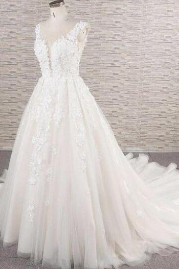 Mermaid A-line V Neck Tulle Lace Wedding Dresses