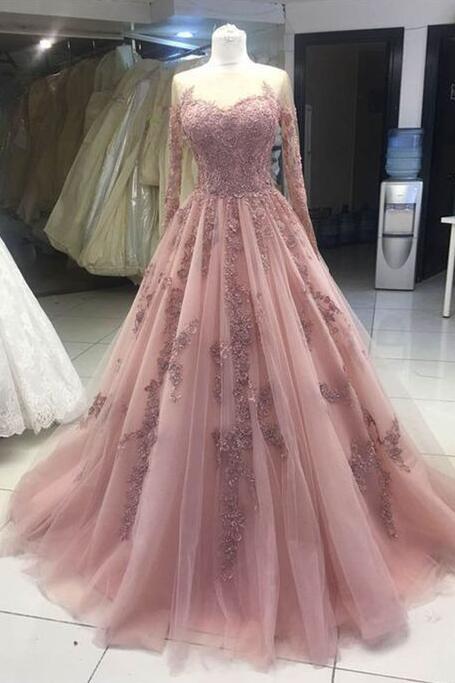 A Line Pink Tulle Long Sleeve Lace Prom Dress
