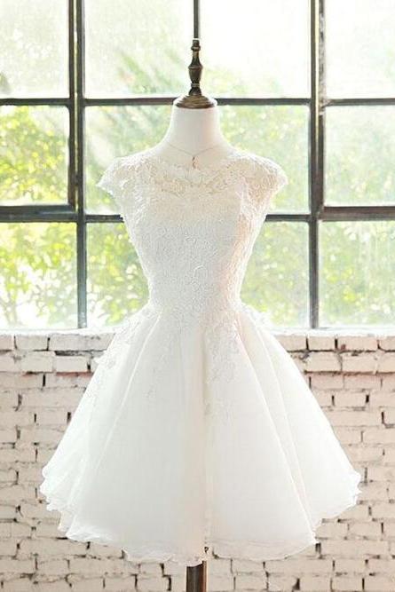 White Lace Tulle Short Wedding Dress