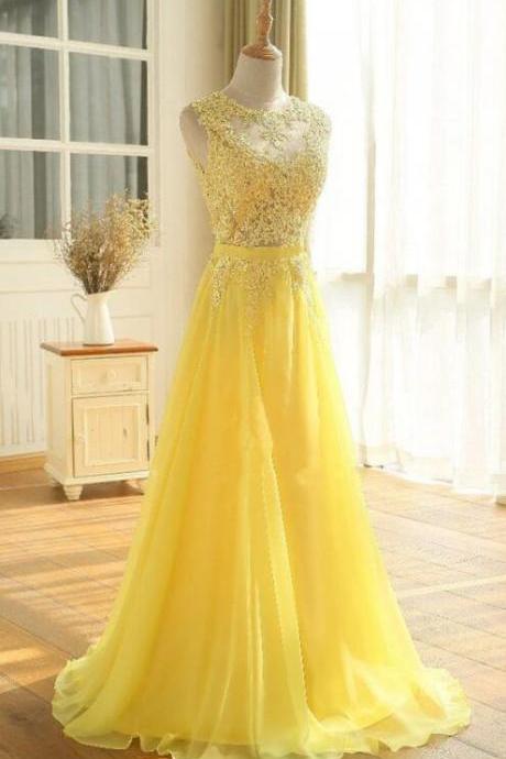 Yellow Chiffon Floor Length Prom Dresses