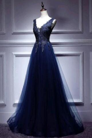 Navy Blue V-neckline Long Party Dresses, Formal Dress