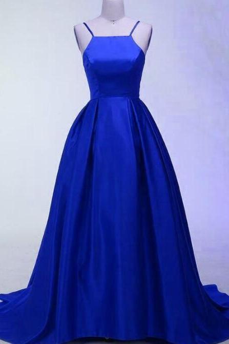 Halter Royal Blue Long Satin Party Gowns
